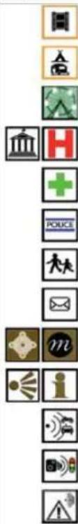 Vertical sequence of 20 icons representing various security or hazard symbols, including building, cross, police, and communication.