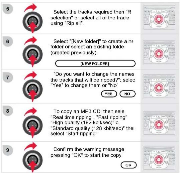 5 Select the tracks required then "R selection" or select all of the track: using "Rip all" 6 Select "[New folder]" to create a new folder or select an existing folder (created previously) [NEW FOLDER] 7 "Do you want to change the names the tracks that will be ripped?": select "Yes" to change them or "No" YES NO 8 To copy an MP3 CD, then select "Real time ripping", "Fast ripping" "High quality (192 kbit/sec)" o "Standard quality (128 kbit/sec)" then select "Start ripping" 9 Confir rm the warning message pressing "OK" to start the copy OK