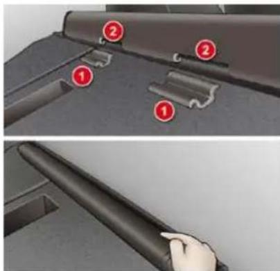 Diagram showing car door panel installation with numbered components and a hand holding the blade