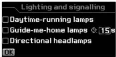 Lighting and signalling □ Daytime-running lamps □ Guide-me-home lamps 15 s □ Directional headlamps OK