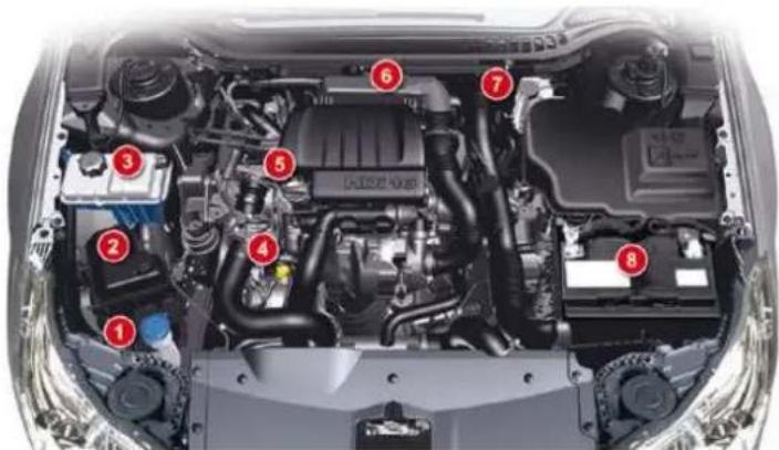 Labeled diagram of a car engine bay with numbered components for identification