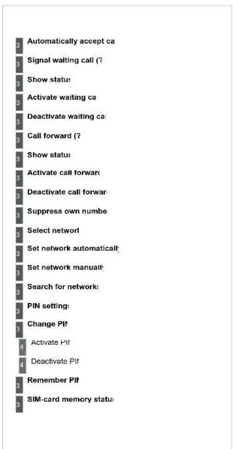 Automatically accept ca Signal waiting call (?) Show status: Activate waiting ca Deactivate waiting ca Call forward (?) Show status: Activate call forward Deactivate call forward Suppress own numbe Select network Set network automaticall; Set network manuall; Search for network: PIN setting: Change PIF Activate PIF Deactivate PIF Remember PIF SIM-card memory statu: