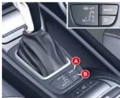 Car gear shift control panel with labeled buttons A and B, showing mode dial and control interface