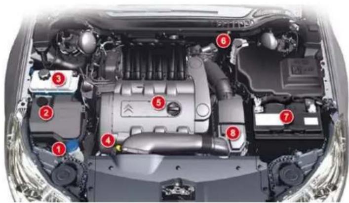 Labeled diagram of a car engine bay with numbered components for identification