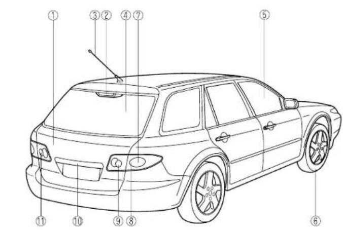 Technical diagram of a car with numbered parts for identification and assembly reference.