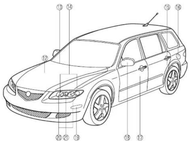 Technical diagram of a sedan with numbered parts for identification and assembly reference.