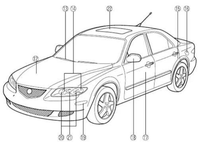 Technical diagram of a sedan with numbered parts for identification and assembly reference.