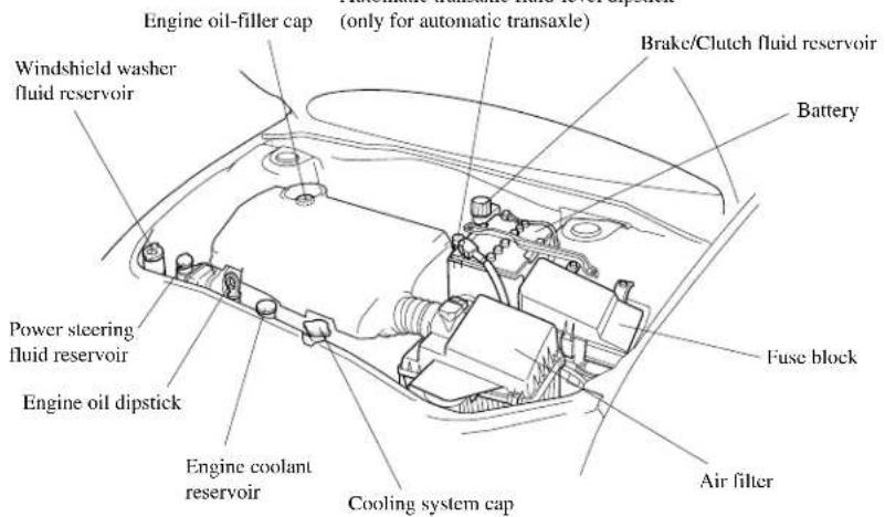 Engine oil-filler cap (only for automatic transaxle) Windshield washer fluid reservoir Power steering fluid reservoir Engine oil dipstick Engine coolant reservoir Brake/Clutch fluid reservoir Battery Fuse block Air filter Cooling system cap
