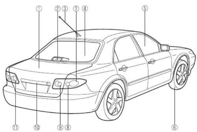 Technical diagram of a sedan with numbered parts for identification and assembly reference.