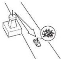 Diagram showing a mechanical setup with a block and a magnified view of a device emitting particles, possibly illustrating a physics or engineering concept.