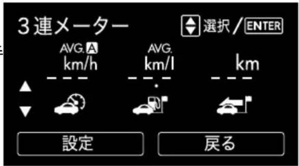 3連メーター AVG. km/h AVG. km/l km 設定 戻る 選択/ENTER