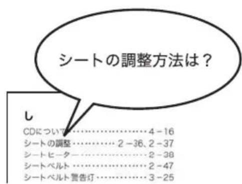 シートの調整方法は？ し CDについて……… 4-16 シートの調整……… 2-36、2-37 シートヒーター……… 2-38 シートベルト……… 2-47 シートベルト警告灯……… 3-25