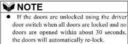 NOTE • If the doors are unlocked using the driver door switch when all doors are locked and no doors are opened within about 30 seconds, the doors will automatically re-lock.
