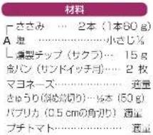 材料 一ささみ… 2本 (1本60 g) A 填……小さじ% 一燻製テップ (サクラ)… 15 g 熊パン (サンドイッチ月)… 2 枚 マヨネーズ…… 适量 さゅうり (総め切り)... 6本 (50 g) パプリカ (0.5 cmの角切り) 适量 プチトマト…… 适量