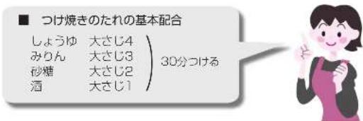 ■ つけ焼きのたれの基本配合 しょうゆ 大さじ4 みりん 大さじ3 砂糖 大さじ2 酒 大さじ1 30分つける