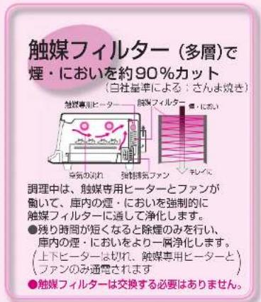 触媒フィルター(多層)で 煙・においを約90%カット (自社量準による:さんま焼き) 触媒専用ヒーター 電気の流れ 触媒フィルター 車・におい ディスペンファン テレビに 調理中は、触媒専用ヒーターとファンが 働いて、庫内の煙・においを強制的に 触媒フィルターに通して浄化します。 ● 残り時間が短くなると除煙のみを行い、 庫内の煙・においをより一層浄化します。 (上下ヒーターは切れ、触媒専用ヒーターと ファンのみ通電されます。 ●触媒フィルターは交換する必要はありません。