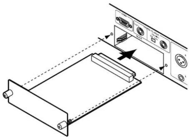 Diagram showing a device panel with labeled ports and an arrow indicating direction, likely illustrating a system or installation process.