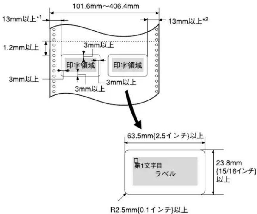 101.6mm~406.4mm 13mm以上*1 13mm以上*2 1.2mm以上 3mm以上 印字領域 印字領域 3mm以上 3mm以上 3mm以上 63.5mm{2.5インチ}以上 第1文字目 ラベル 23.8mm {15/16インチ} 以上 R2.5mm{0.1インチ}以上