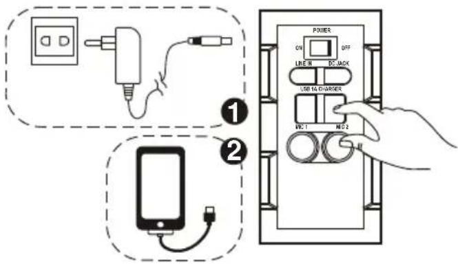 Diagram showing two connected devices: one with a power adapter and plug, the other with a smartphone connected to a 16-chambered power interface.
