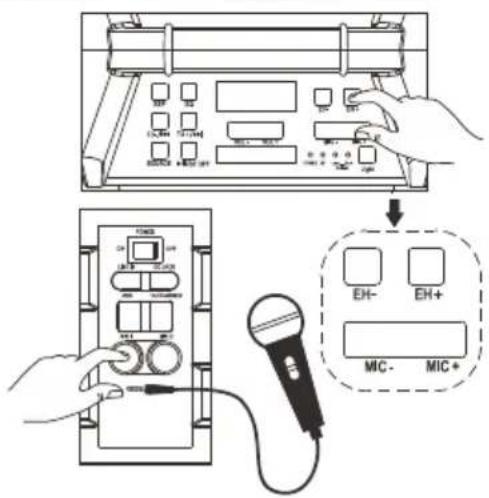 Diagram showing hands operating a device with labeled buttons and a microphone, illustrating electrical or diagnostic setup.