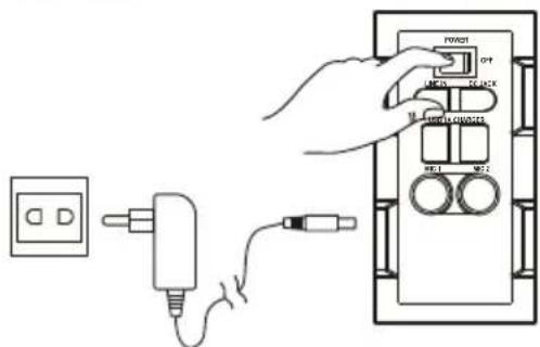 Diagram showing a hand operating a power switch connected to a plug and cable, with labels for 'POWER', 'OFF', and 'M-HAND/ACDC'.