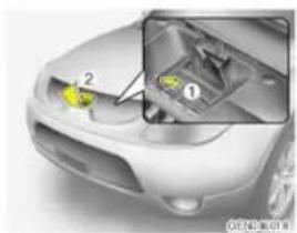 Diagram of a car's front engine compartment with labeled parts and highlighted component