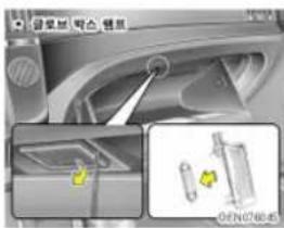 Diagram showing car interior with highlighted components and a close-up inset of a device with yellow-green buttons
