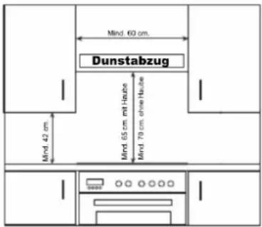 Dunstabzug Mind. 60 cm. Mind. 42 cm. Mind. 65 cm. mit Heuble Mind. 79 cm. ohne Haule