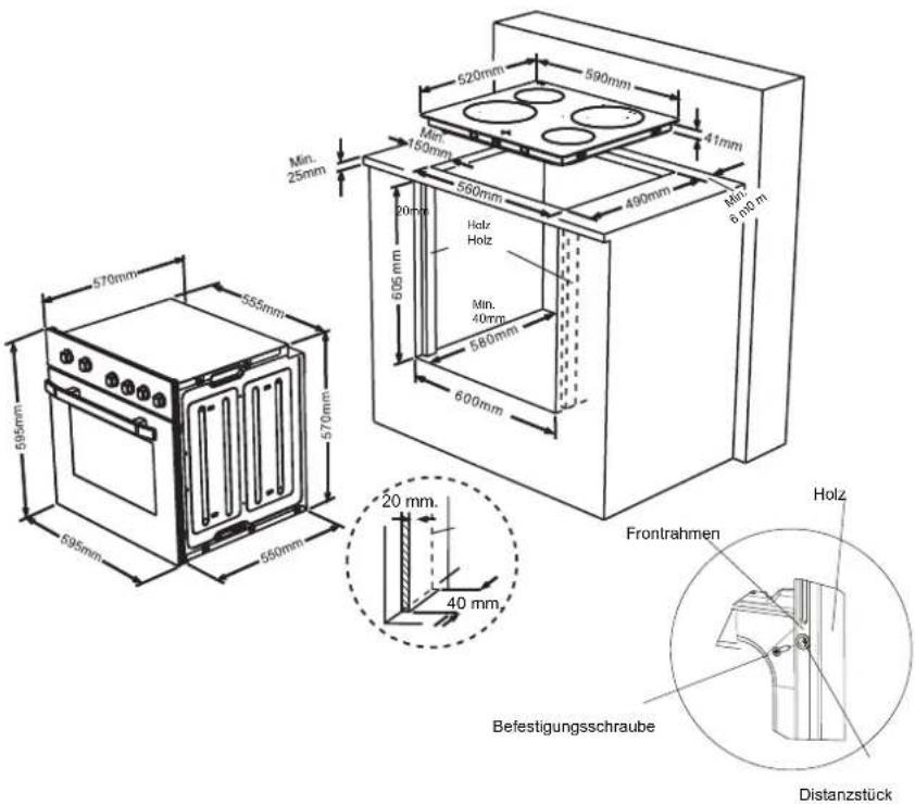 570mm 555mm 570mm 595mm 695mm 650mm 600mm 605mm Min. 25mm Min. 150mm Min. 150mm Min. 40mm Min. 40mm Min. 6 mio m 520mm 590mm 41mm 490mm Holz Holz Holz Frontrahmen Holz Befestigungsschraube Distanztück