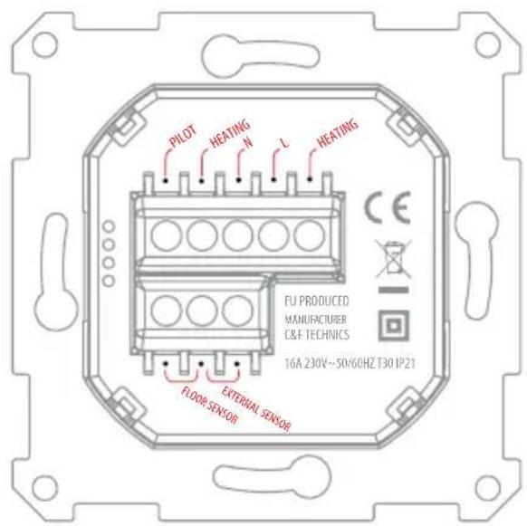 PILOT HEATING N L HEATING CE FU PRODUCED MANUFACTURER C&F TECHNICS 16A 230V~50/60HZ T30 IP21 FLOOR SENSOR EXTERNAL SENSOR