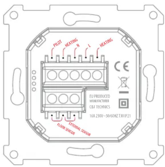 PILOT HEATING N L HEATING CE EU PRODUCED MANUFACTURER C&F TECHNICS 16A 230V~50/60HZ T30 IP21 EXTERNAL SENSOR FLOOR SENSOR