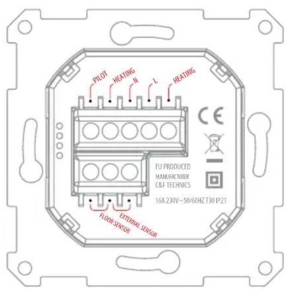PILOT HEATING N L HEATING CE FU PRODUCED MANUFACTURER C&F TECHNICS 16A 230V~50/60HZ T30 IP21 FLOOR SENSOR EXTERNAL SENSOR