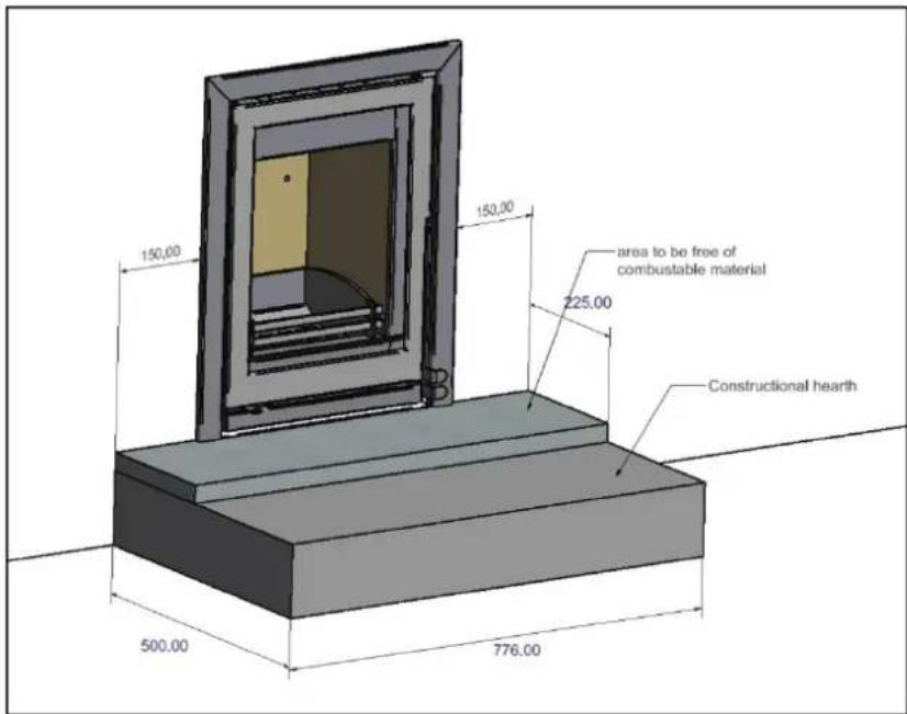 150,00 150,00 area to be free of combustable material 225.00 Constructional hearth 500.00 776.00