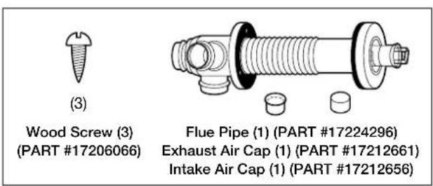 (3) Wood Screw (3) (PART #17206066) Flue Pipe (1) (PART #17224296) Exhaust Air Cap (1) (PART #17212661) Intake Air Cap (1) (PART #17212656)