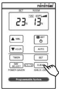 TOYOTOMI SET ROOM 23°C 13°C MIN OFF HOUR AUTO TIMER SET TRY SELECT C:7.73 CLEAR POWER SAVER CHILD LOG Programmable System
