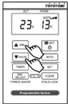 TOYOTOMI SET ROOM 23°C 13°C ▲ MR OFF ▼ HOUR AUTO TIMERA SET DAY SELECT CLEAR POWER SAVER CHILD LOCK Programmable System