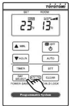 TOYOTOMI SET ROOM 23°C 13°C MIN OFF HOUR AUTO TIMER SET DAY SELECT +70 Clear POWER SAVE CHILD LOCK Programmable System