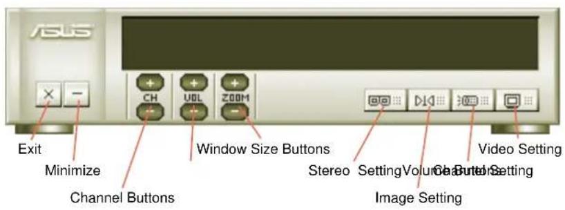 ASUS Ch UOL ZOOM Exit Minimize Channel Buttons Window Size Buttons Stereo Setting Volume Video Setting Image Setting Go Button Setting