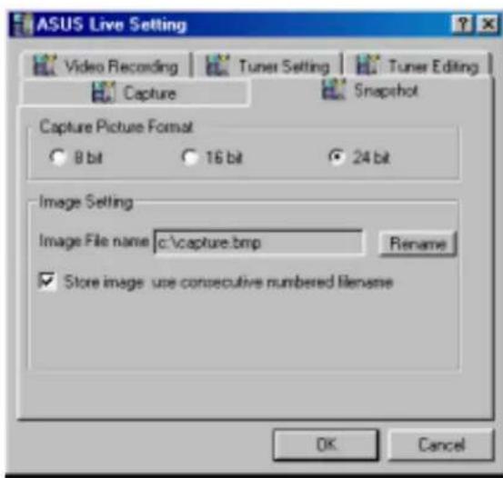 ASUS Live Setting: Video Recording, Tuner Setting, Tuner Editing, Capture, Snapshot. Capture Picture Format: 8 bit, 16 bit, 24 bit. Image Setting. Image File name c:\capture.bmp. Rename. Store images: use consecutive numbered filename. OK, Cancel.