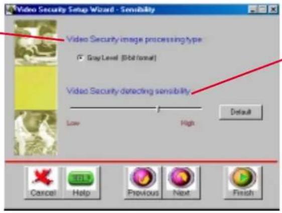 Video Security Setup Wizard - Sensitivity. Video Security image processing type: Gray Level (Blue/Normal). Video Security detecting sensibility: Low, High, Default. Cancel, Help, Previous, Next, Finish.