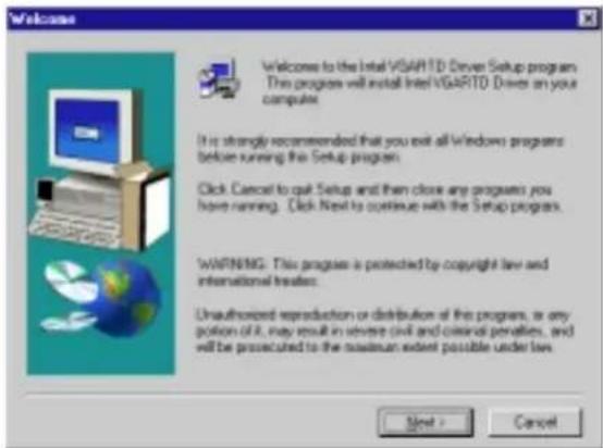 Welcome to the Intel VGA/ITO Driver Setup program This program will install Intel VGA/ITO Driver on your computer. It is strongly recommended that you exit all Windows programs before running this Setup program. Click Cancel to quit Setup and then close any programs you have running. Click Next to c…