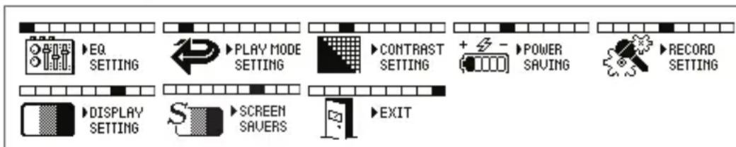 EQ SETTING PLAY MODE SETTING CONTRAST SETTING POWER SAVING RECORD SETTING DISPLAY SETTING SCREEN SAUERS EXIT