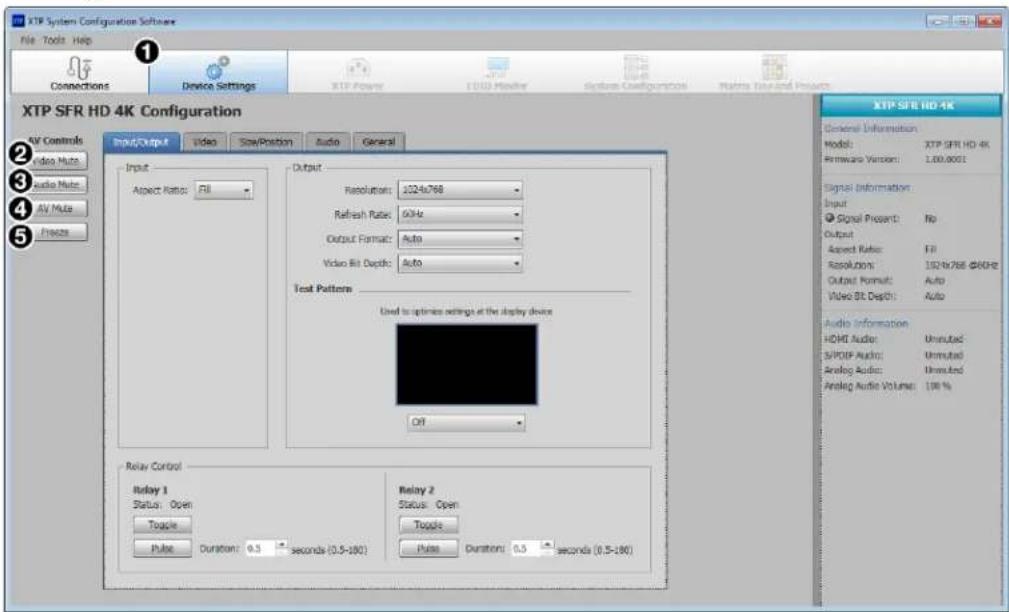 XTP System Configuration Software File Tools Help Connections Device Settings XTP Power EDD Manager System Configuration Matrix Line and Points XTP SFR HD 4K Input/Output Video Size/Position Audio General Input Aspect Ratio: Fill Output Resolution: 122.4x768 Refresh Rate: 5GHz Output Format: Auto Video Bit Depth: Auto Test Pattern Used to optimize settings at the display device Off Relay Control Relay 1 Status: Open Tooths Pulse Duration: 0.5 seconds (0.5-100) Relay 2 Status: Open Tooths Pulse Duration: 0.5 seconds (0.5-100) XTP SFR HD 4K General Information Model: XTP SFR HD 4K Hardware Version: 1.00.0001 Signal Information Input Signal Present: No Output Aspect Rate: Fill Resolution: 132.4x768 dB/Hz Output Format: Auto Video Bit Depth: Auto Audio Information HDMI Audio: Unloaded SPOPF Audio: Unloaded Analog Audio: Unloaded Analog Audio Volume: 100 % Connections Device Settings XTP Power EDD Manager System Configuration Matrix Line and Points XTP SFR HD 4K General Information Model: XTP SFR HD 4K Hardware Version: 1.00.0001 Signal Information Input Signal Present: No Output Aspect Rate: Fill Resolution: 132.4x768 dB/Hz Output Format: Auto Video Bit Depth: Auto Audio Information HDMI Audio: Unloaded SPOPF Audio: Unloaded AAnalog Audio: Unloaded Analog Audio Volume: 100 %