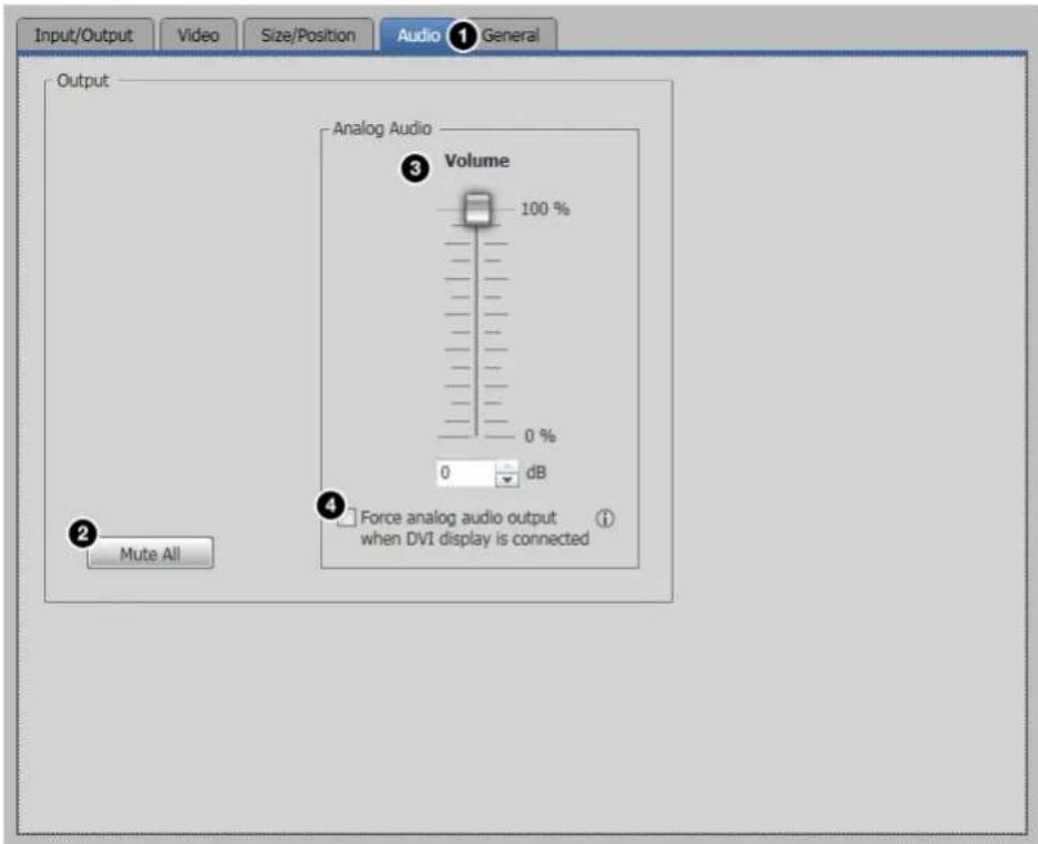 Input/Output Video Size/Position Audio 1 General Output Analog Audio Volume 3 100 % 0 % 0 dB Force analog audio output ① when DVI display is connected Mute All