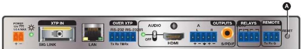 POWER 12V 1.0 A MAX + - XTP IN SIG LINK LAN OVER XTP RS-232 RS-232IR Tx Rx T&Rx AUDIO OFF HDMI A L R OUTPUTS S/PDIF RELAYS TxDG REMOTE 20N RESET Tx Rx G A