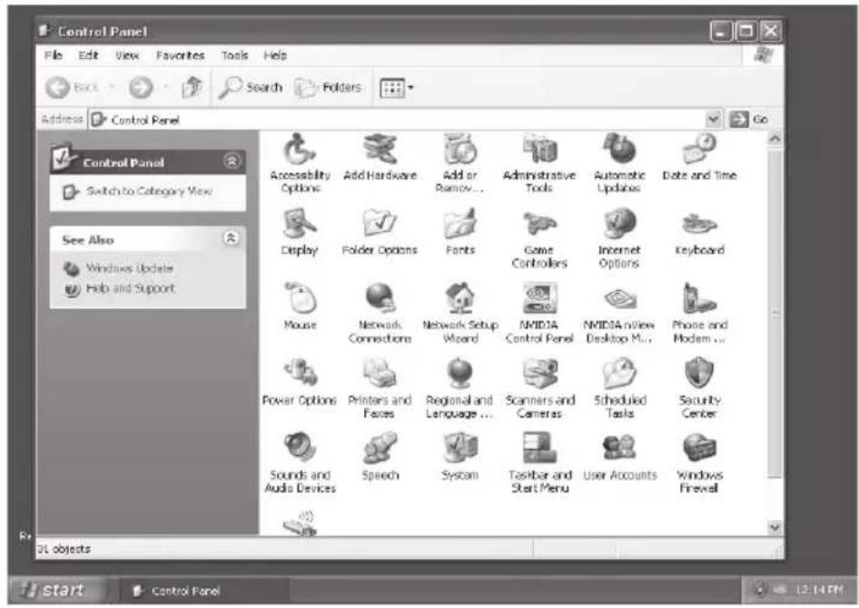 Control Panel File Edit View Favorites Tools Help Back Search Folders Address Control Panel Control Panel Switch to Category View See Also Windows Update Help and Support Accessibility Options Add Hardware Add or Rawkey... Administrative Tools Automatic Updates Date and Time Display Folder Options Fonts Game Controllers Internet Options Keyboard Mouse Network Connections Network Setup Wizard NVIDIA Control Panel NVIDIA nView Desktop Mut. Phone and Modem... Power Options Printers and Faces Regional and Language ... Scanners and Cameras Scheduled Tasks Security Center Sounds and Audio Devices Speech System Taskbar and Start Menu User Accounts Windows Firewall 01 objects start Control Panel 12:14 PM
