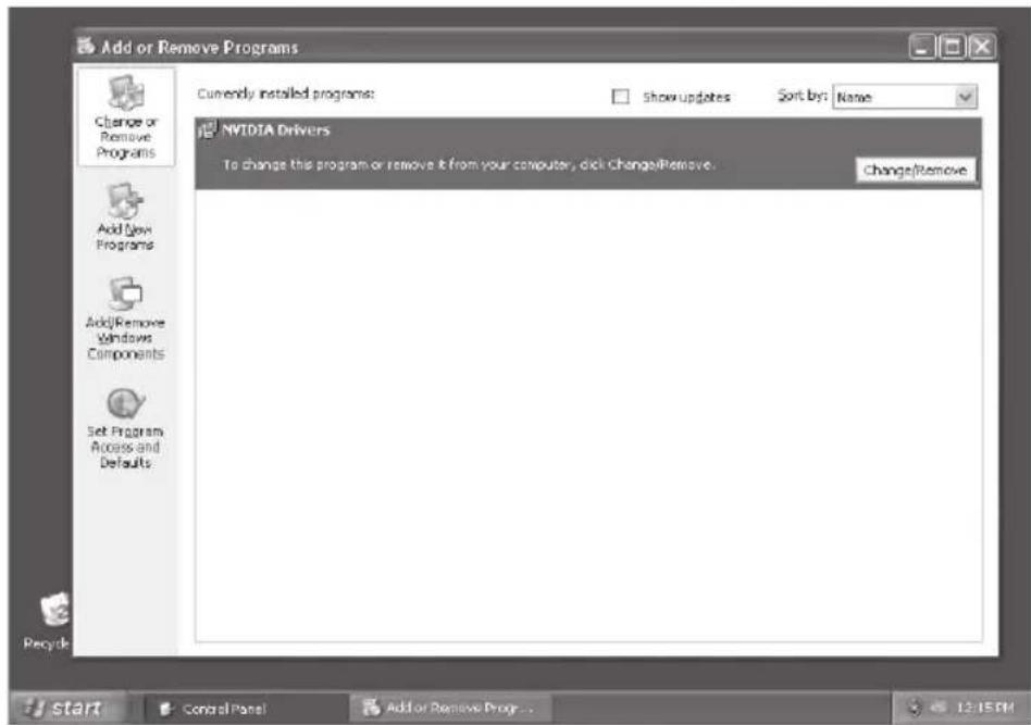 Add or Remove Programs Currently installed programs: Show updates Sort by: Name NVIDIA Drivers To change this program or remove & from your computer, click ChangeRemove... changeRemove start Control Panel Add or Remove Progr...