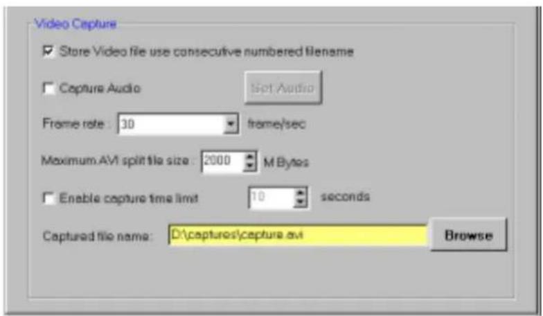 Video Capture Store Video file use consecutive numbered filename Capture Audio Audio Frame rate: 30 frame/sec Maximum AVI split file size: 2000 M Bytes Enable capture time limit 10 seconds Captured file name: D:\captures\capture.avi Browse