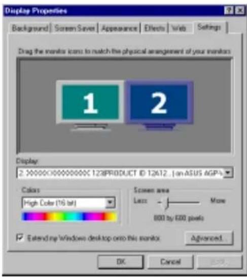 Display Properties Background | Screen Saver | Appearance | Effects | Web Drag the monitor icons to match the physical arrangement of your monitors 1 2 Display 2: 30000000000000C 123PRODUCT ID 12612 (on ASUS AGP) Colors High Color (16 bit) Screen area Less More 800 by 600 pixels ✓ Extend my Windows…