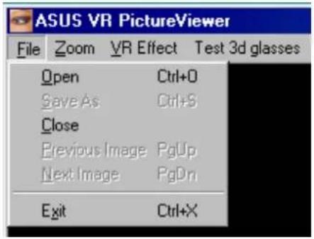 ASUS VR PictureViewer File Zoom VR Effect Test 3d glasses Open Ctrl+O Save As Ctrl+S Close Previous Image PgUp Next Image PgDn Exit Ctrl+X